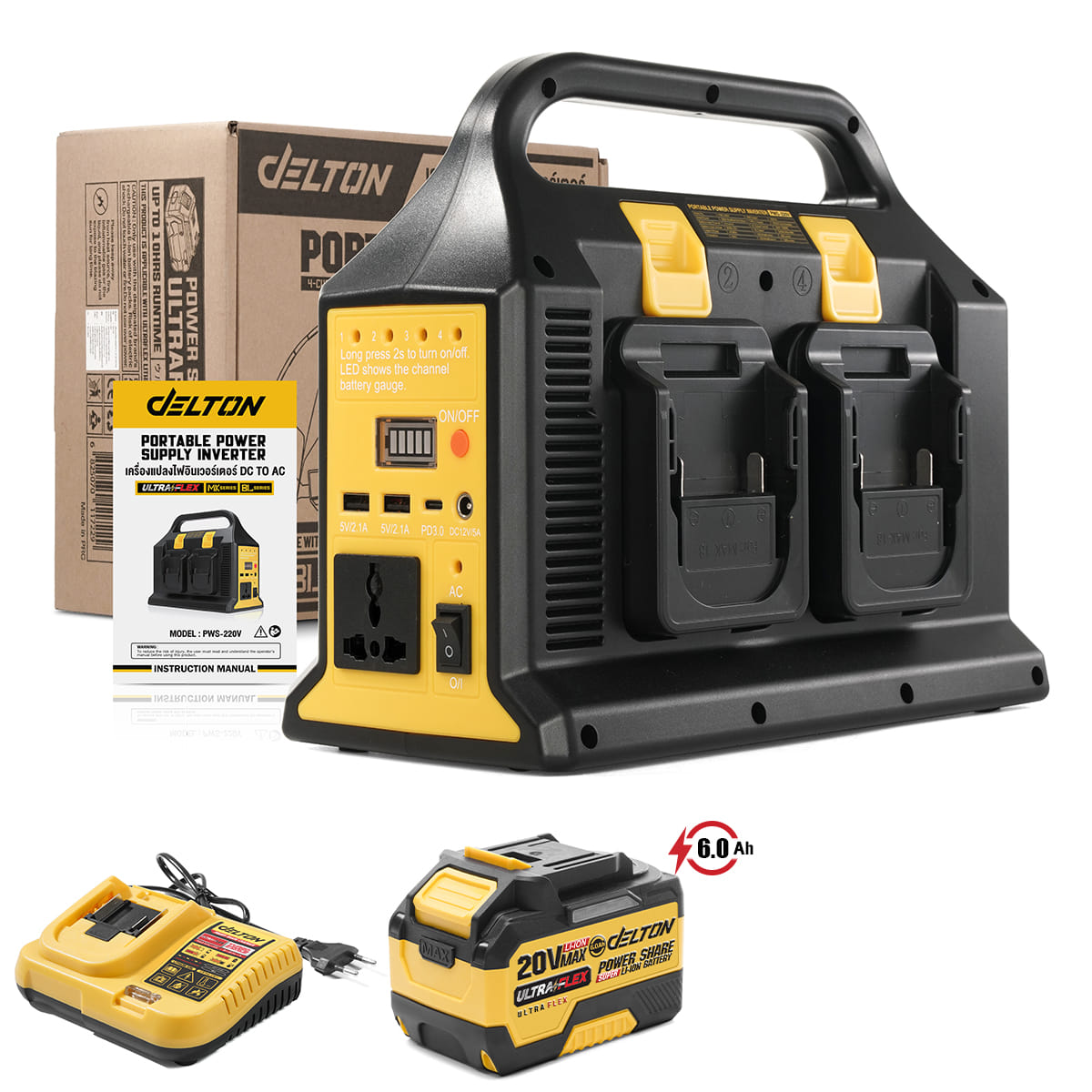 เครื่องแปลงไฟอินเวอร์เตอร์ (พร้อมแบตเตอรี่) DELTON รุ่น PWS-220V ULTRAFLEX 20V 6AH_1